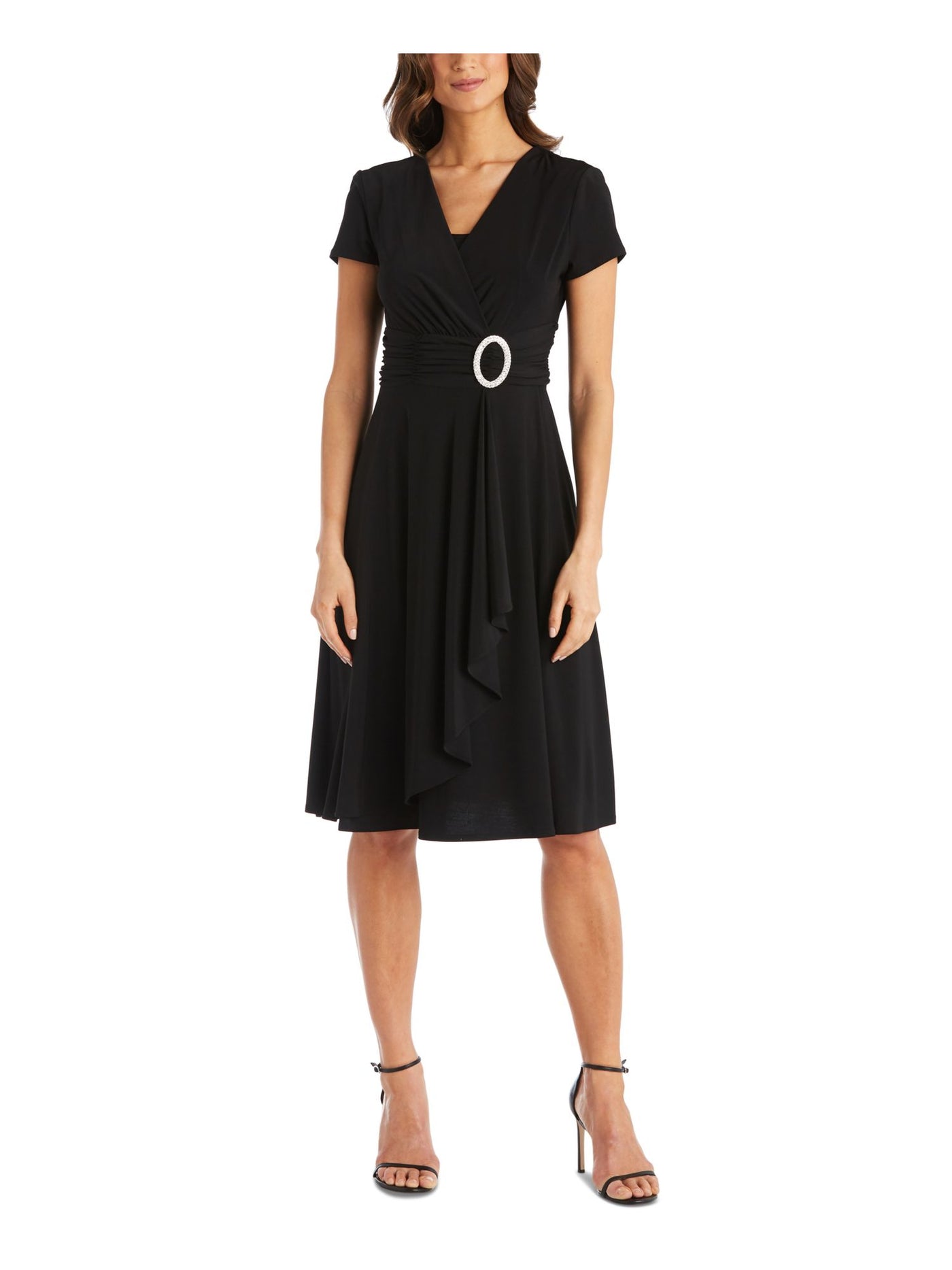 R&M RICHARDS PETITE Womens Black Gathered Rhinestone Accent Pullover Short Sleeve V Neck Knee Length Party Faux Wrap Dress Petites 8P