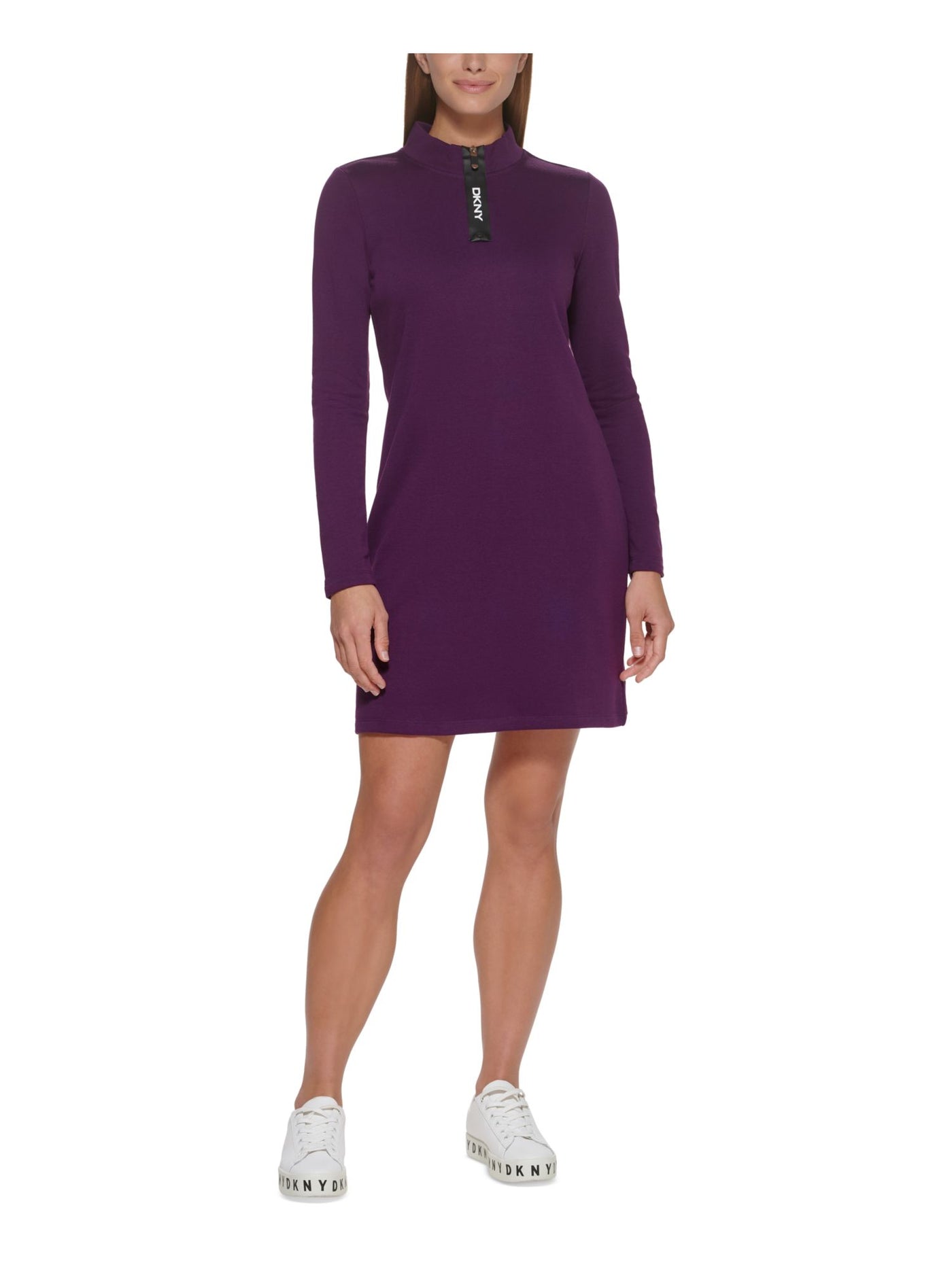 DKNY Womens Purple Zippered Unlined Pull Over Long Sleeve Mock Neck Above The Knee Shift Dress M