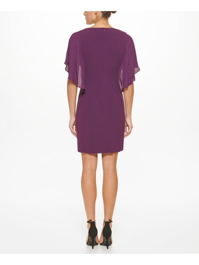 DKNY Womens Purple Zippered Sheer Cape Overlay Unlined Flutter Sleeve Round Neck Above The Knee Evening Sheath Dress 10