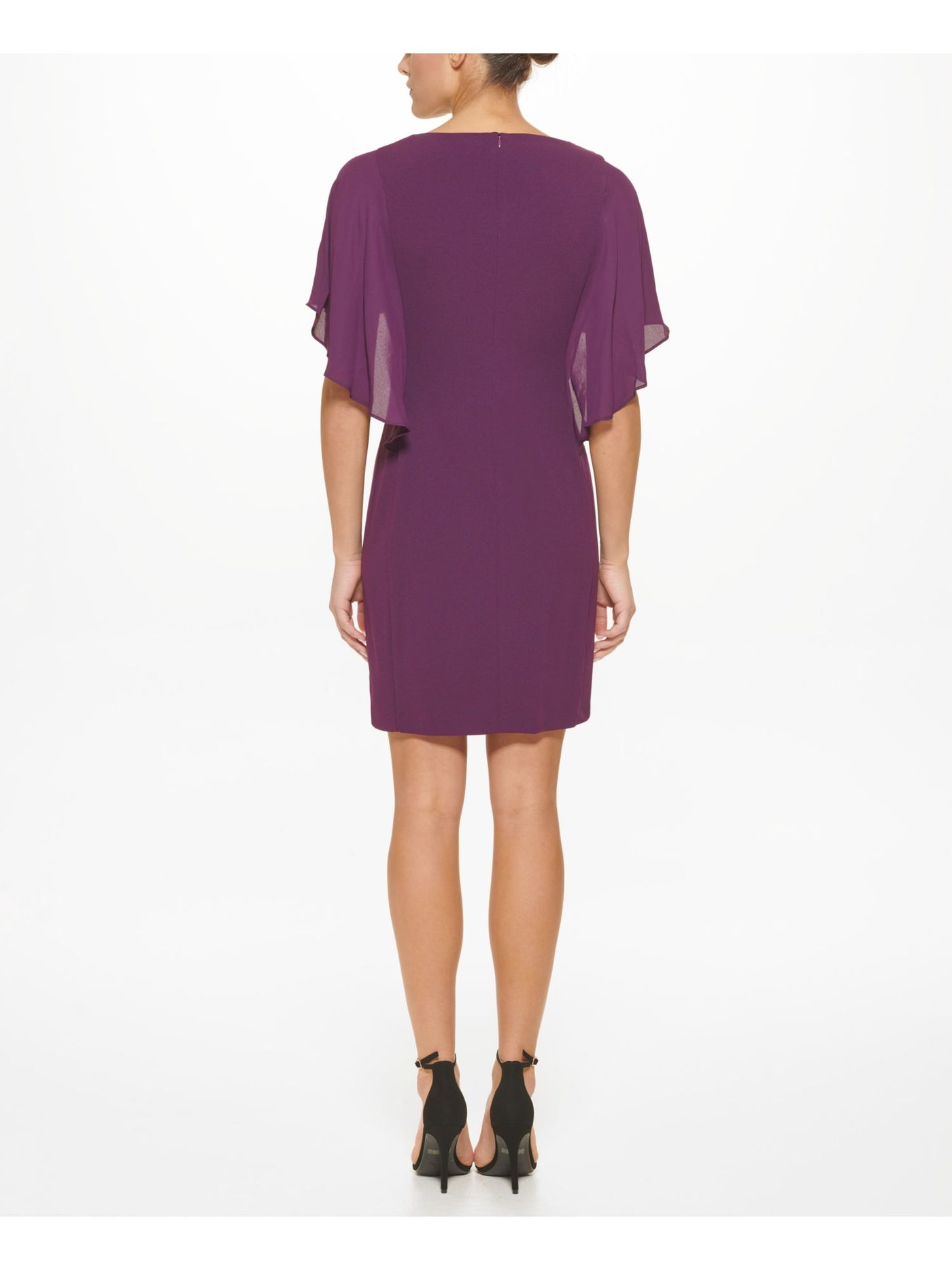 DKNY Womens Purple Zippered Sheer Cape Overlay Unlined Flutter Sleeve Round Neck Above The Knee Evening Sheath Dress 14
