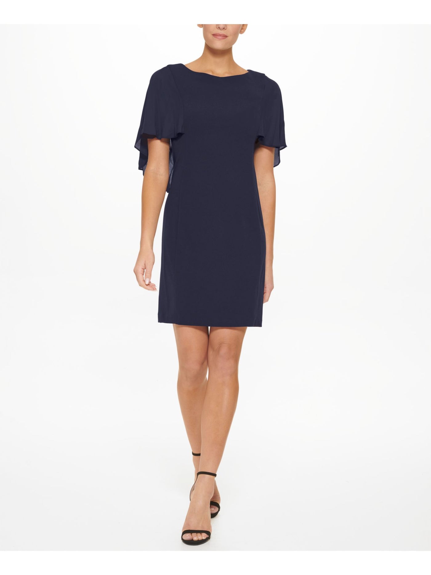 DKNY Womens Navy Zippered Overlaid Cape Effect Flutter Sleeve Round Neck Above The Knee Cocktail Sheath Dress 2