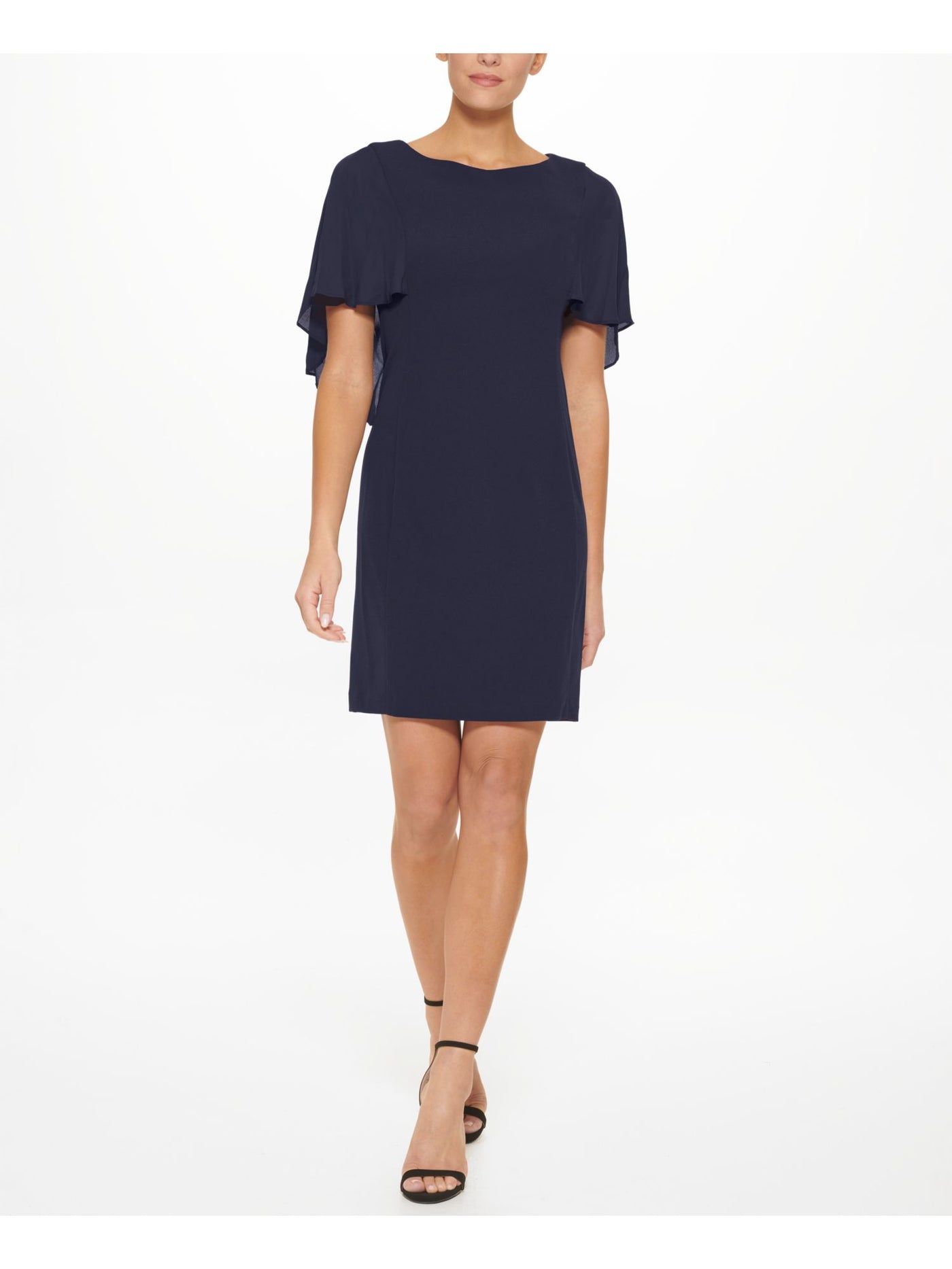 DKNY Womens Navy Zippered Overlaid Cape Effect Flutter Sleeve Round Neck Above The Knee Cocktail Sheath Dress 14