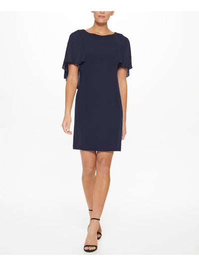 DKNY Womens Navy Zippered Overlaid Cape Effect Flutter Sleeve Round Neck Above The Knee Cocktail Sheath Dress 4