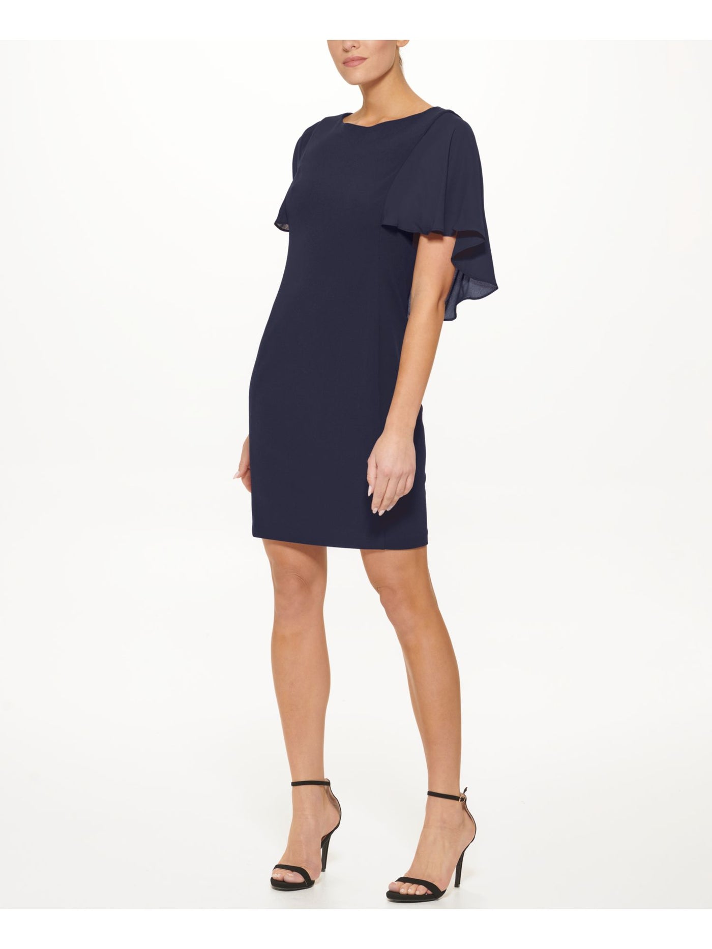 DKNY Womens Navy Zippered Overlaid Cape Effect Flutter Sleeve Round Neck Above The Knee Cocktail Sheath Dress 14