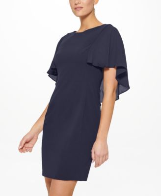 DKNY Womens Navy Zippered Overlaid Cape Effect Flutter Sleeve Round Neck Above The Knee Cocktail Sheath Dress 2