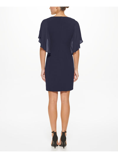 DKNY Womens Blue Zippered Overlaid Cape Effect Flutter Sleeve Round Neck Above The Knee Cocktail Sheath Dress 12