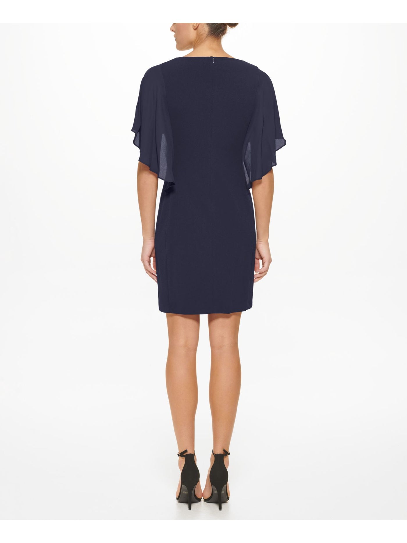 DKNY Womens Navy Zippered Overlaid Cape Effect Flutter Sleeve Round Neck Above The Knee Cocktail Sheath Dress 8