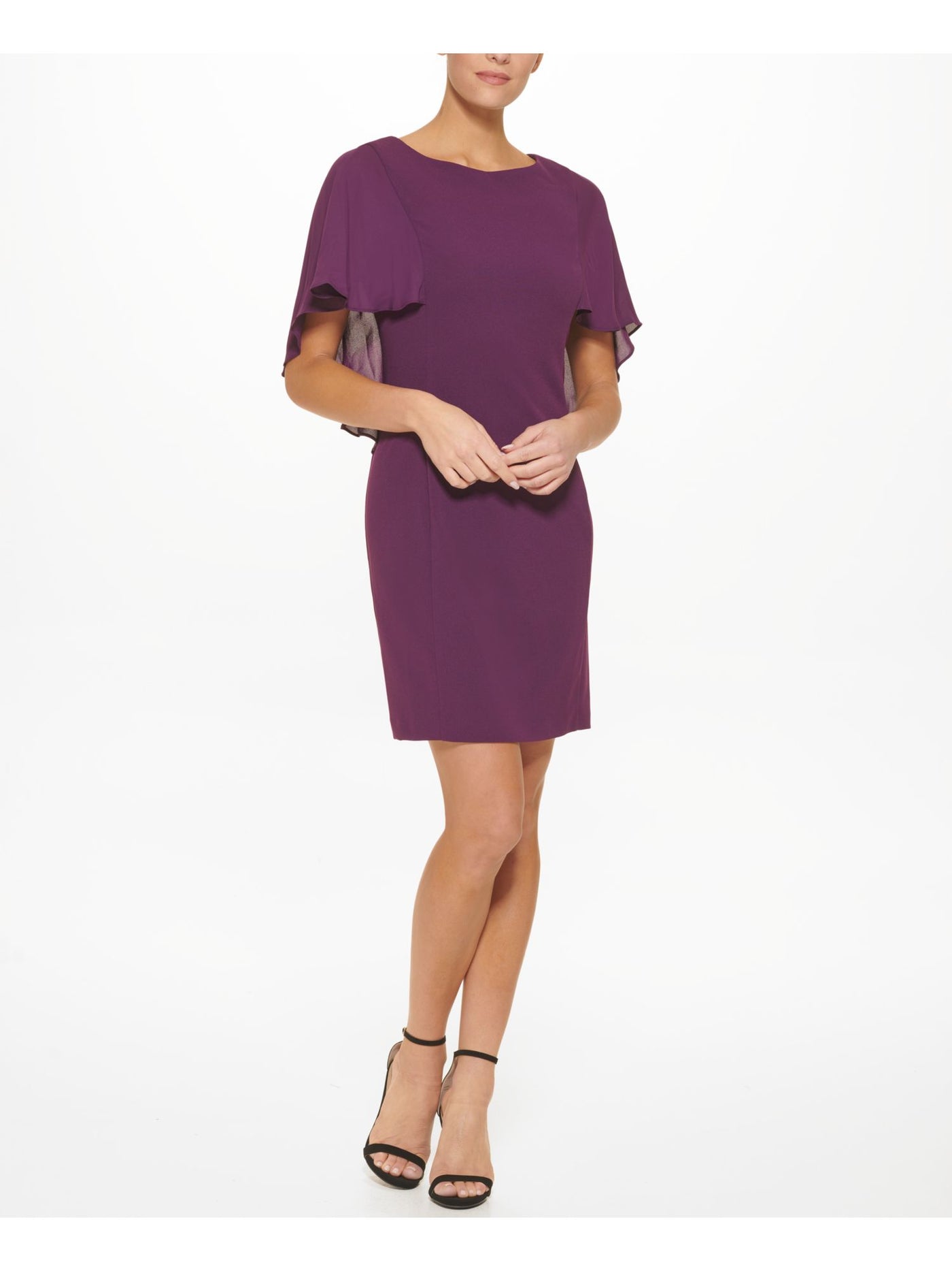 DKNY Womens Purple Zippered Sheer Cape Overlay Unlined Flutter Sleeve Round Neck Above The Knee Evening Sheath Dress 6