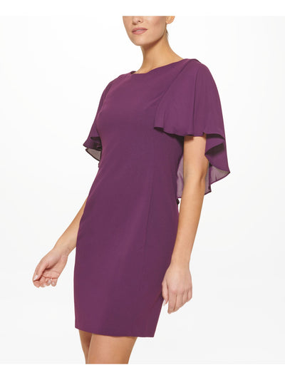 DKNY Womens Purple Zippered Sheer Cape Overlay Unlined Flutter Sleeve Round Neck Above The Knee Evening Sheath Dress 8