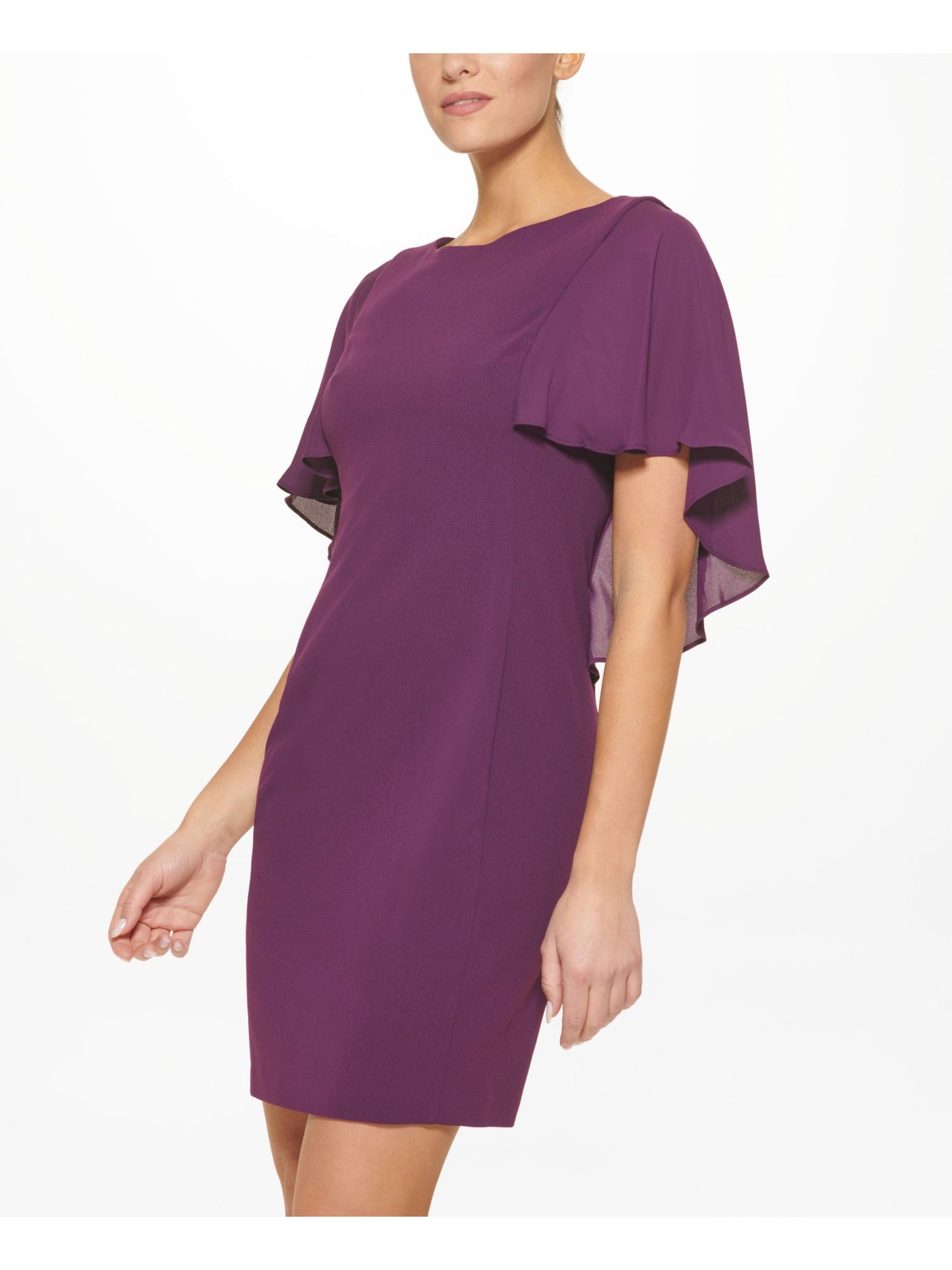 DKNY Womens Purple Zippered Sheer Cape Overlay Unlined Flutter Sleeve Round Neck Above The Knee Evening Sheath Dress 2