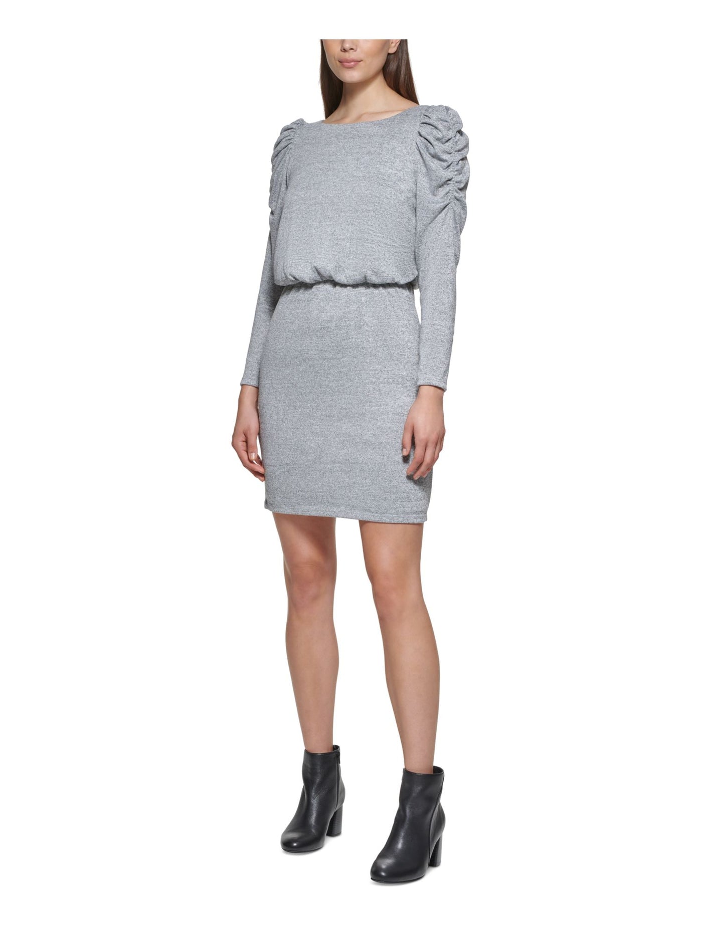 JESSICA HOWARD Womens Gray Metallic Ruched Lined Long Sleeve Jewel Neck Above The Knee Wear To Work Blouson Dress 14