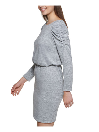 JESSICA HOWARD Womens Gray Metallic Ruched Lined Long Sleeve Jewel Neck Above The Knee Wear To Work Blouson Dress 14