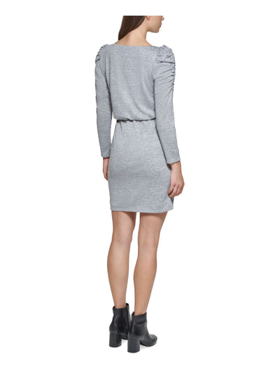 JESSICA HOWARD Womens Gray Metallic Ruched Lined Long Sleeve Jewel Neck Above The Knee Wear To Work Blouson Dress 14