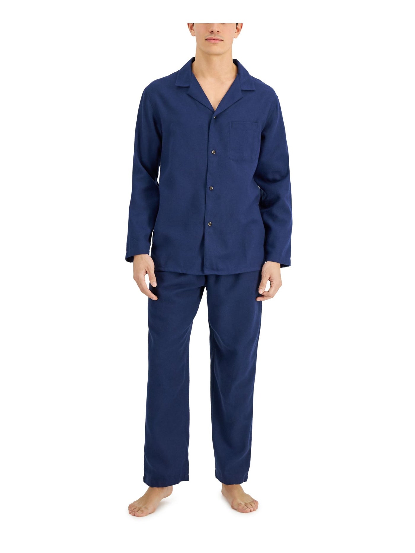 CLUBROOM Mens Navy Notched Collar Long Sleeve Button Up Top Straight leg Pants Pajamas L