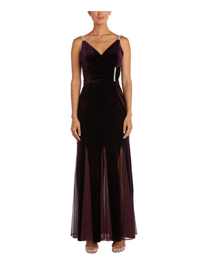 NIGHTWAY Womens Maroon Stretch Embellished Zippered Pleated Mesh Godets Sleeveless V Neck Maxi Evening Gown Dress Plus 16W