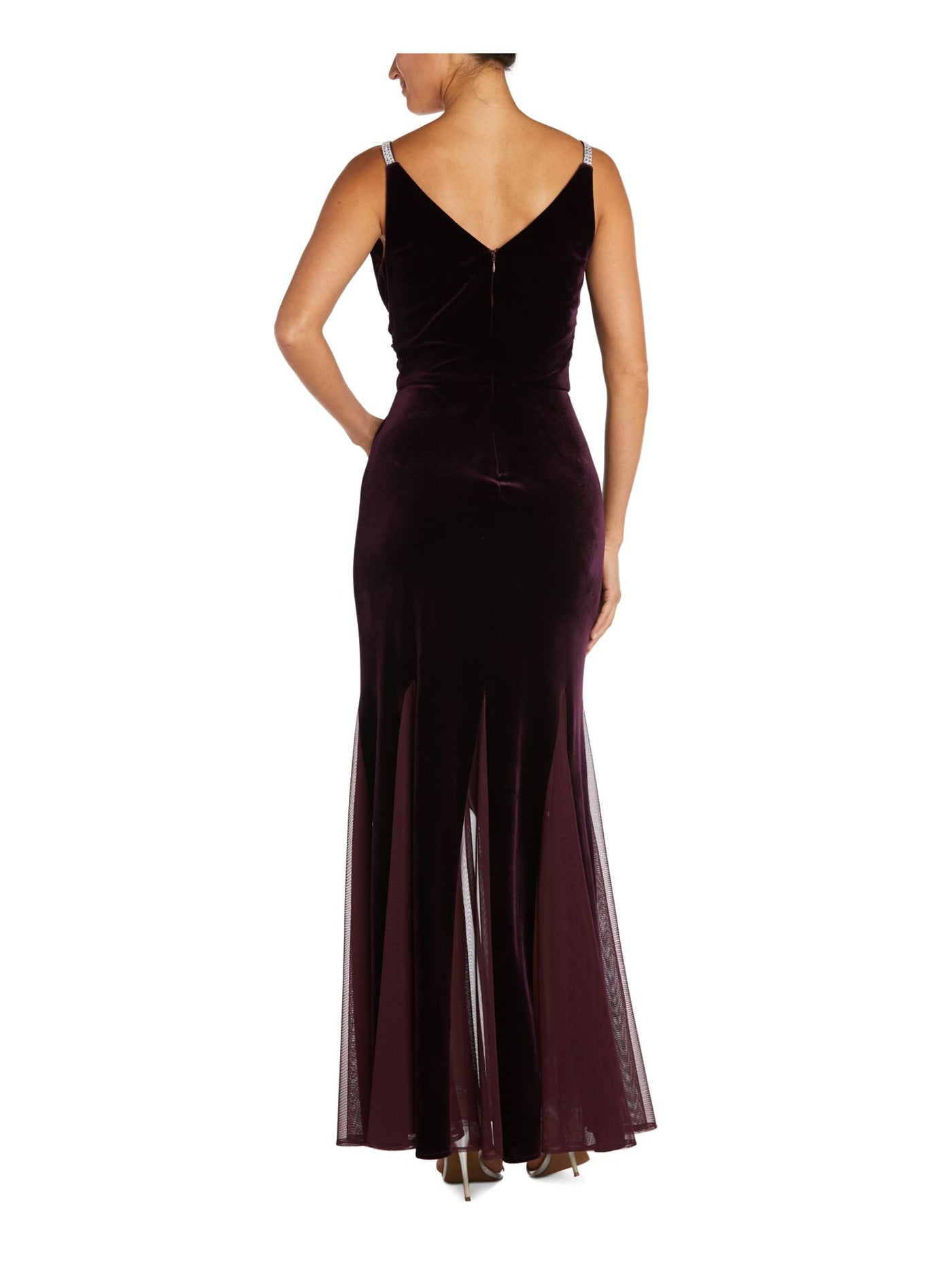 NIGHTWAY Womens Maroon Stretch Embellished Zippered Pleated Mesh Godets Sleeveless V Neck Maxi Evening Gown Dress Plus 16W