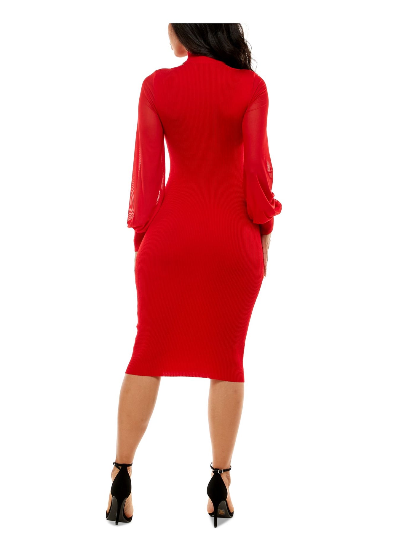 CRAVE FAME Womens Red Cut Out Ribbed Long Illusion Sleeves Mock Neck Below The Knee Party Body Con Dress Juniors M
