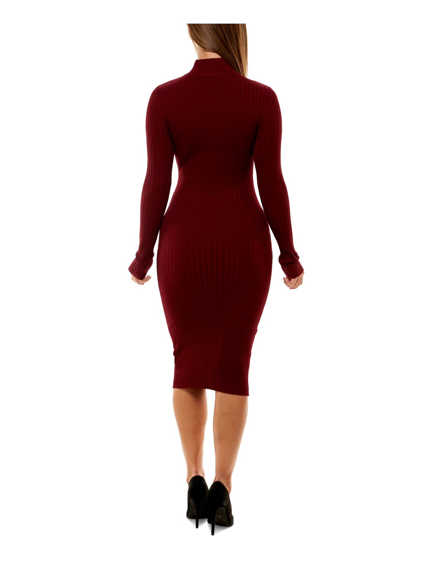 CRAVE FAME Womens Burgundy Ribbed Cut Out Long Sleeve Mock Neck Below The Knee Party Body Con Dress Juniors M