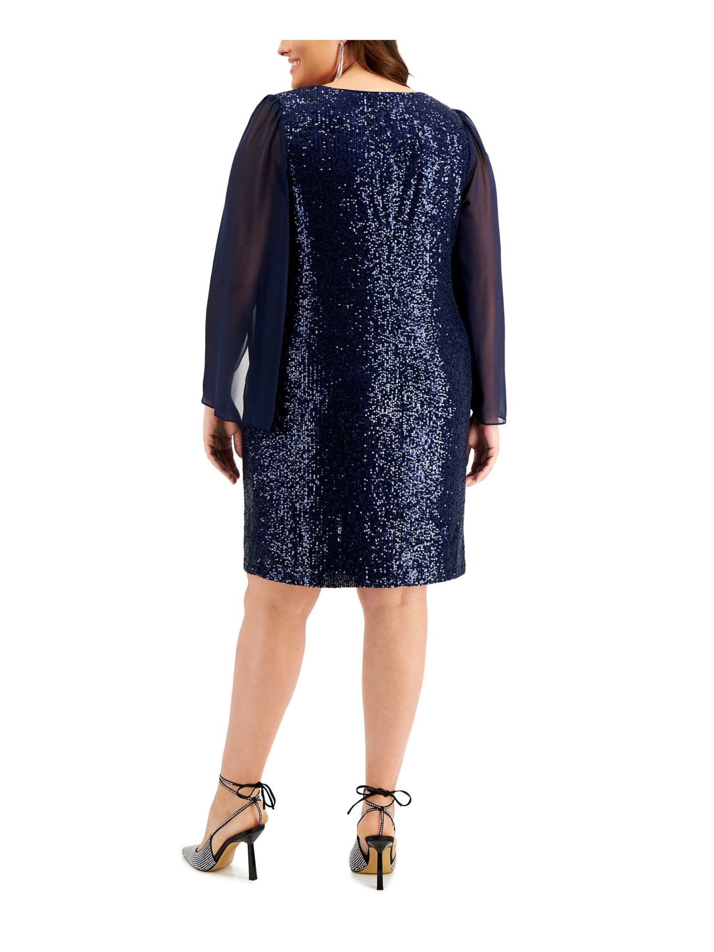 CONNECTED APPAREL Womens Navy Sequined Sheer Pull Over Lined Darted Long Sleeve Round Neck Knee Length Party Sheath Dress Plus 22W