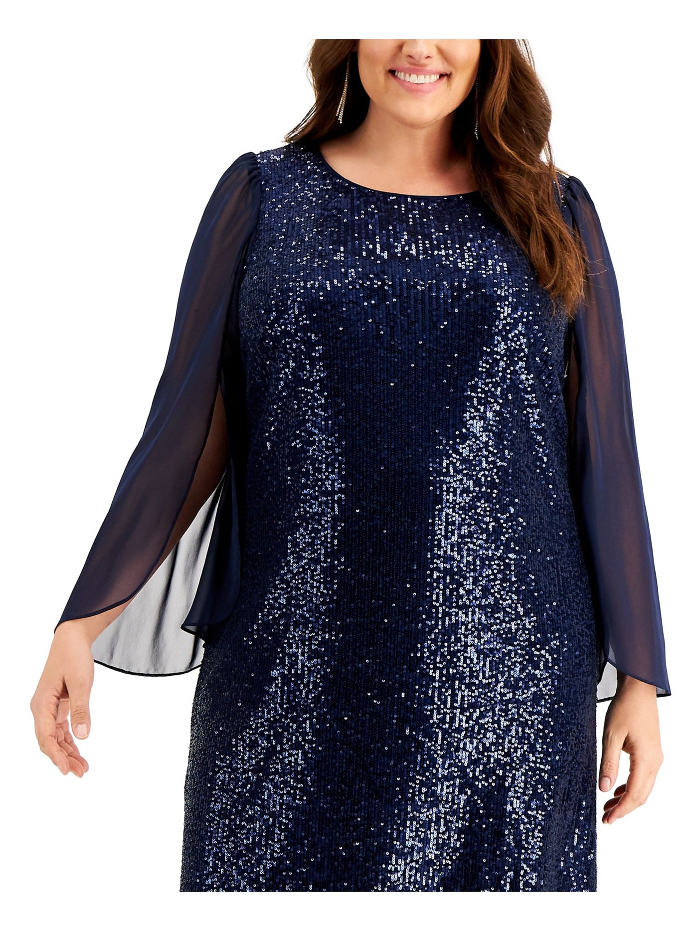 CONNECTED APPAREL Womens Navy Sequined Sheer Pull Over Lined Darted Long Sleeve Round Neck Knee Length Party Sheath Dress Plus 14W