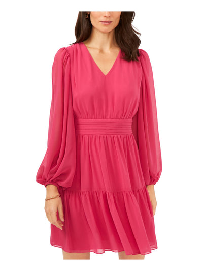 MSK Womens Pink Zippered Lined Tiered Hem Blouson Sleeve V Neck Short Party Fit + Flare Dress M