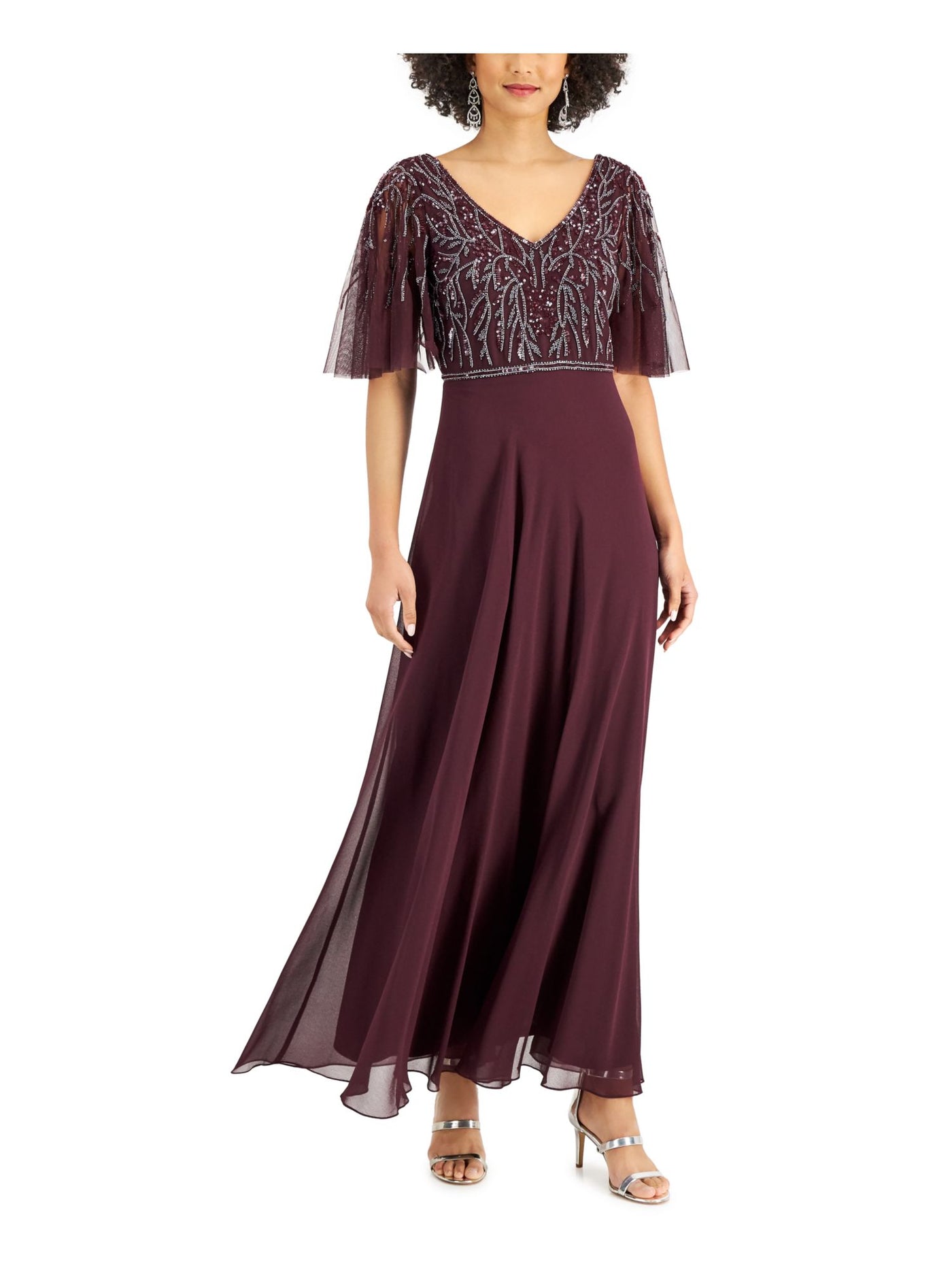 JKARA Womens Burgundy Beaded Sequined Sheer Lined Flutter Sleeve V Neck Full-Length Evening Gown Dress 6