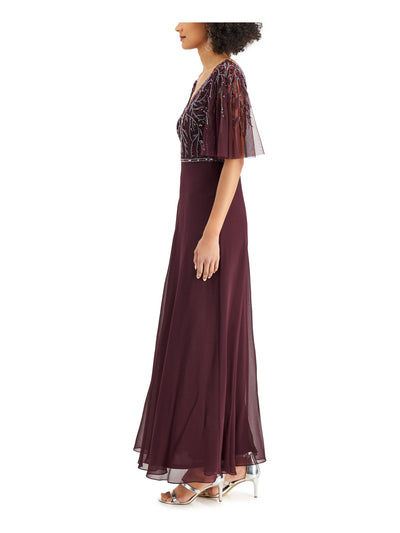 JKARA Womens Burgundy Beaded Sequined Sheer Lined Flutter Sleeve V Neck Full-Length Evening Gown Dress 14