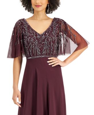 JKARA Womens Burgundy Beaded Sequined Sheer Lined Flutter Sleeve V Neck Full-Length Evening Gown Dress