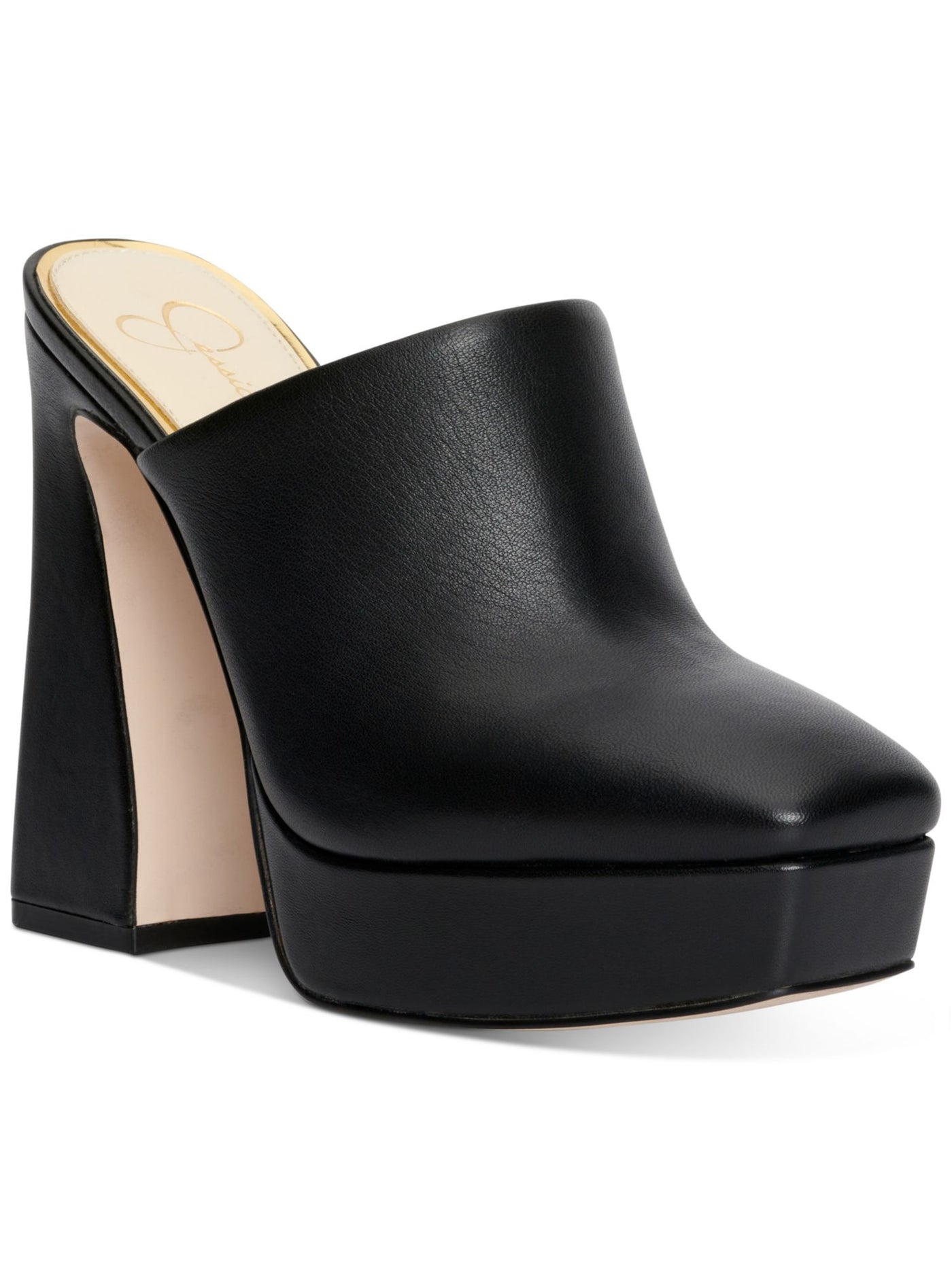 JESSICA SIMPSON Womens Black 1-1/2" Platform Denima Square Toe Slip On Leather Heeled Mules Shoes 9.5 M
