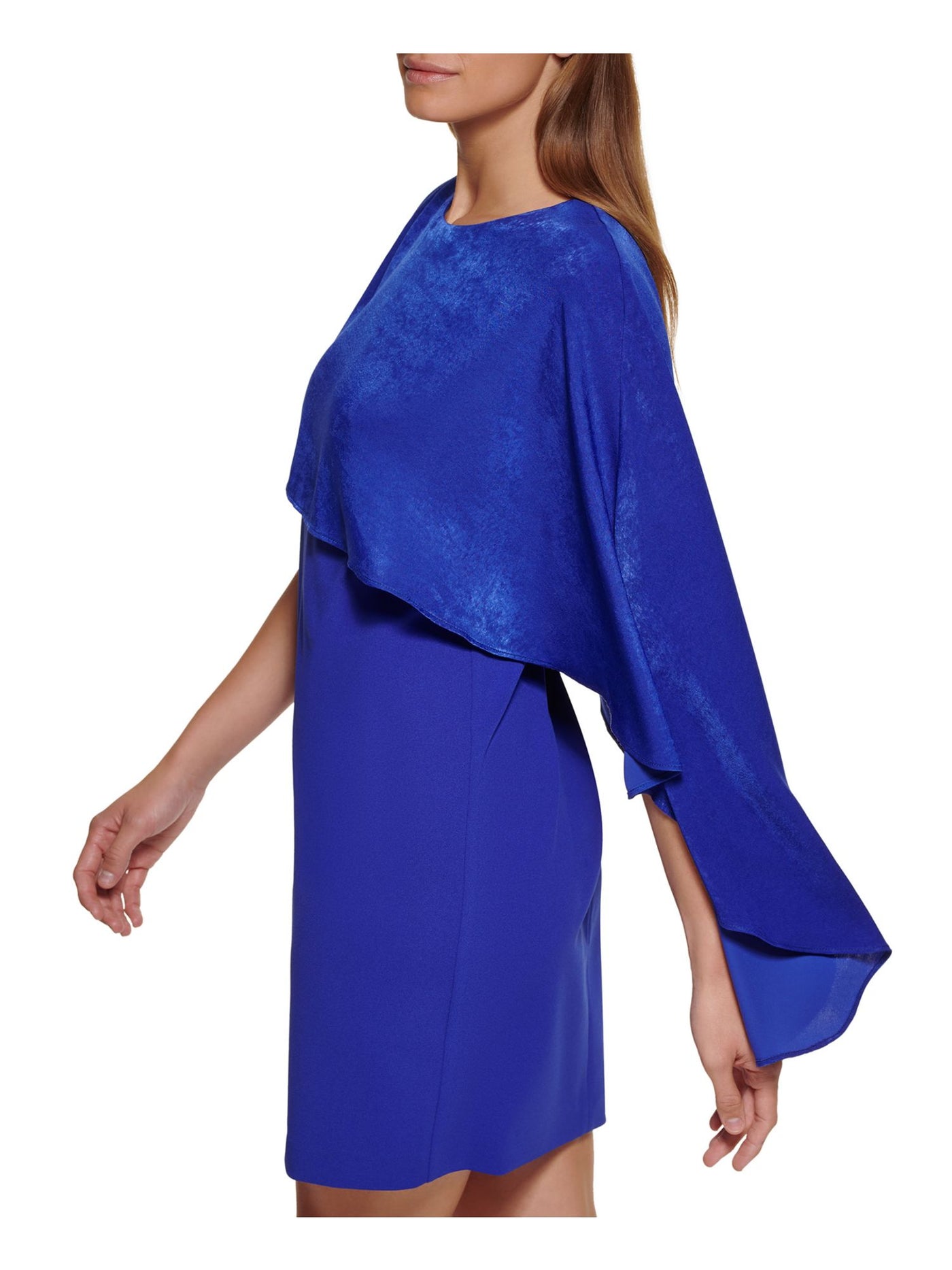 DKNY Womens Blue Zippered Asymmetrical Cape Overlay Sleeveless Round Neck Short Cocktail Sheath Dress 16