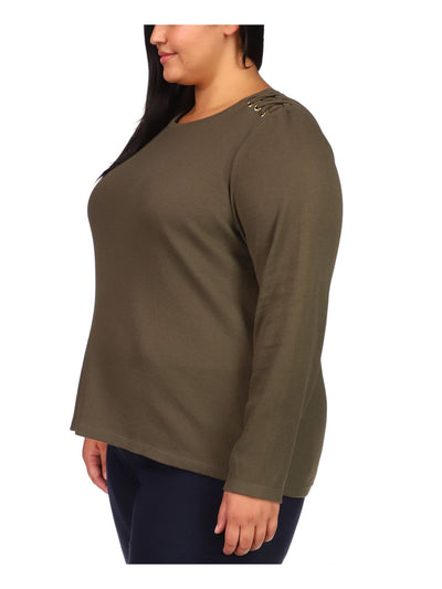 MICHAEL MICHAEL KORS Womens Green Textured Long Sleeve Scoop Neck Top Plus 1X