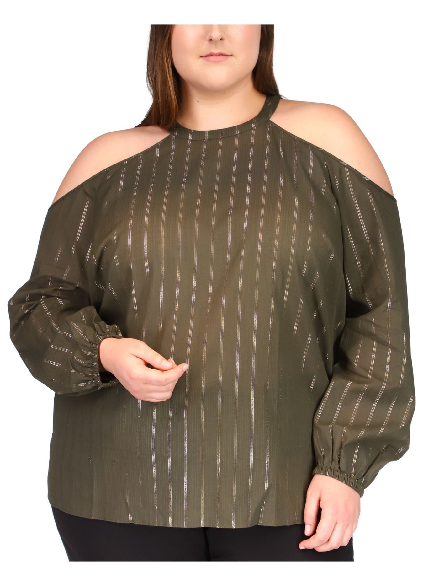 MICHAEL MICHAEL KORS Womens Green Cold Shoulder Sheer Keyhole Back Metallic Striped Long Sleeve Round Neck Top Plus 3X