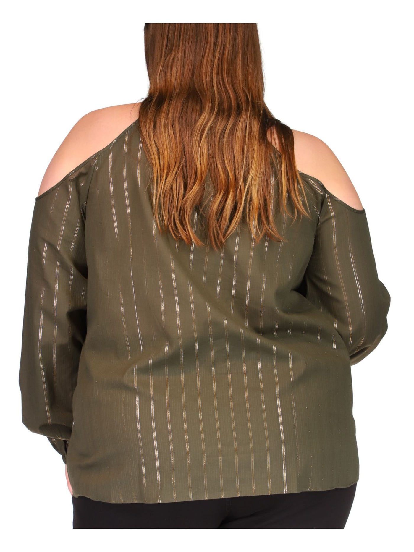 MICHAEL KORS Womens Green Cold Shoulder Sheer Keyhole Back Metallic Striped Long Sleeve Round Neck Top Plus 2X