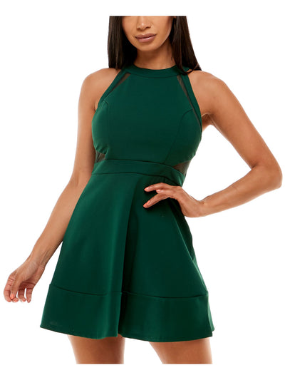 EMERALD SUNDAE Womens Green Stretch Zippered Darted Illusion Insets Cut Out Sleeveless Halter Mini Party Fit + Flare Dress Juniors L