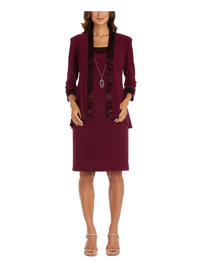 R&M RICHARDS Womens Burgundy Beaded Lined Open Front Jacket Sleeveless Scoop Neck Knee Length Wear To Work Sheath Dress 14