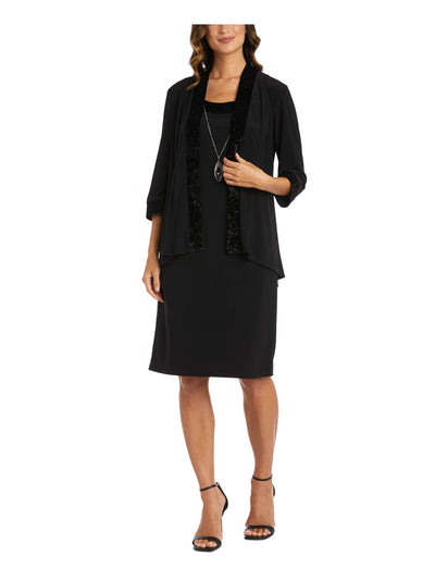 R&M RICHARDS Womens Black Beaded Lined Open Front Jacket Sleeveless Scoop Neck Knee Length Wear To Work Sheath Dress 6