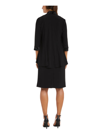 R&M RICHARDS Womens Black Beaded Glitter Velvet Trim Long Sleeve Jacket Sleeveless Scoop Neck Knee Length Wear To Work Sheath Dress 8