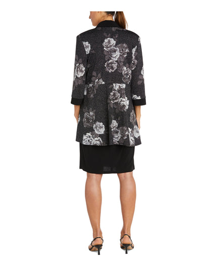 R&M RICHARDS Womens Black Open Front Glitter Floral 3/4 Sleeve Shawl Collar Cardigan Plus 18W