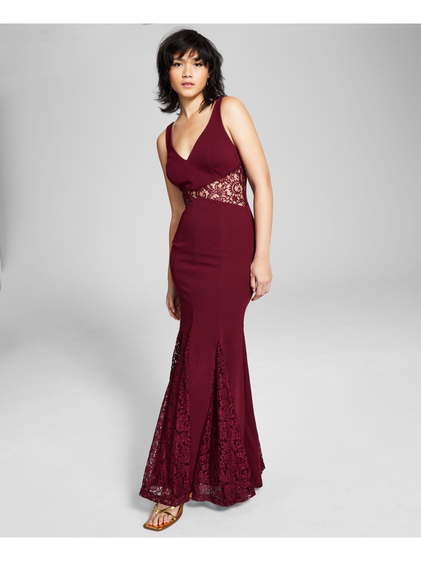 TRIXXI Womens Burgundy Lace Zippered Partially Lined Godet Sleeveless V Neck Maxi Gown Prom Dress 7