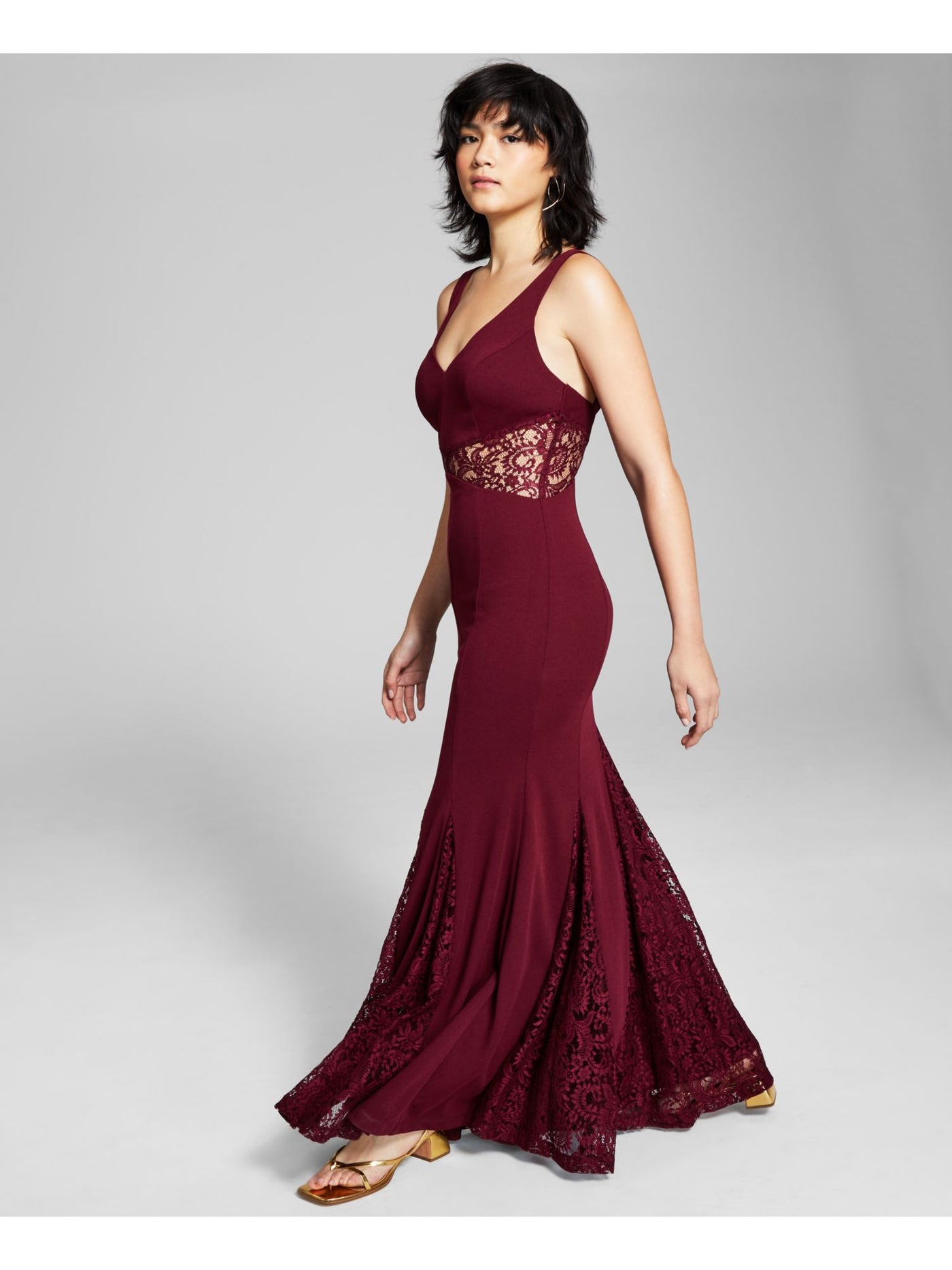 TRIXXI Womens Burgundy Lace Zippered Partially Lined Godet Sleeveless V Neck Maxi Gown Prom Dress 7