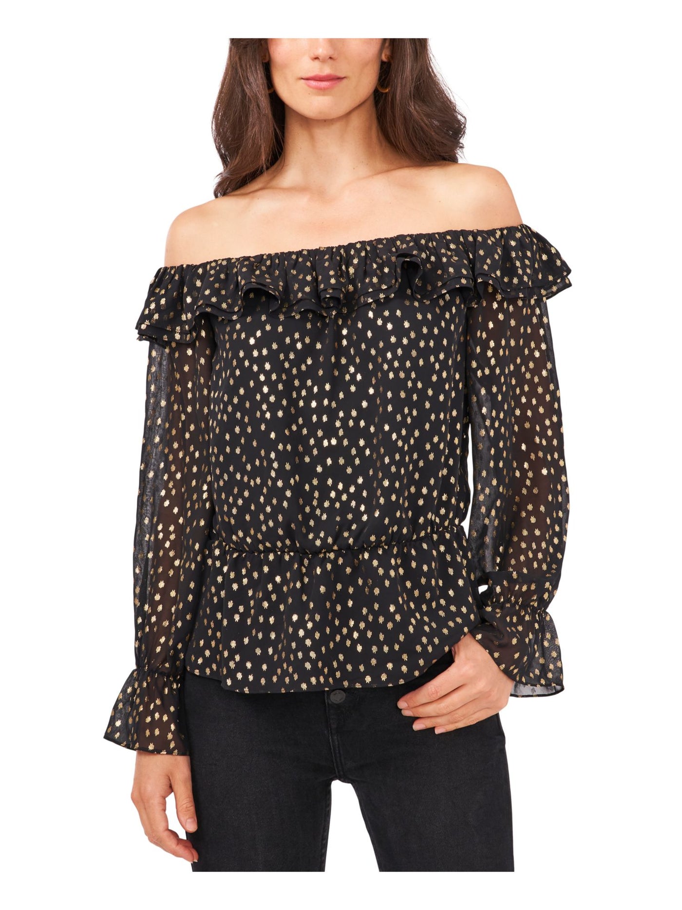 VINCE CAMUTO Womens Black Metallic Ruffled Blouson Sleeve Off Shoulder Blouse XL