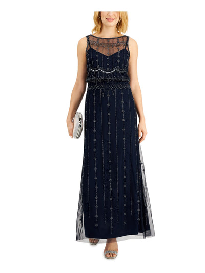 PAPELL STUDIO Womens Navy Zippered Sequined Beaded Lined Sleeveless Illusion Neckline Full-Length Evening Gown Dress 2