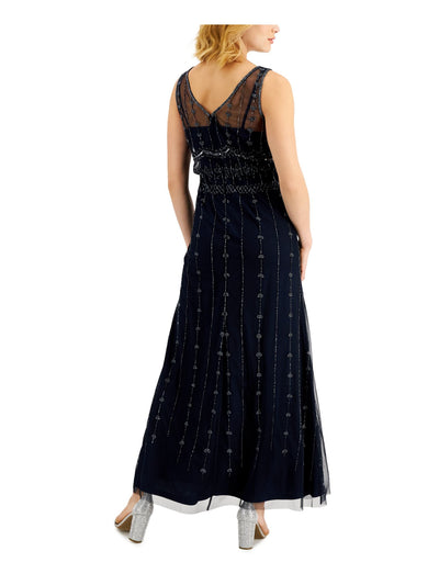 PAPELL STUDIO Womens Navy Zippered Sequined Beaded Lined Sleeveless Illusion Neckline Full-Length Evening Gown Dress 2