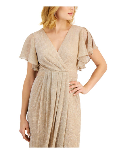 BETSY & ADAM Womens Gold Zippered Pleated Lined Flutter Sleeve Surplice Neckline Full-Length Evening Faux Wrap Dress 12