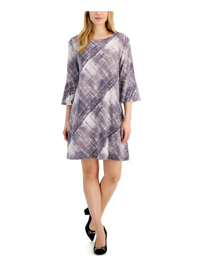 CONNECTED APPAREL Womens Purple Stretch Plaid Bell Sleeve Round Neck Short Wear To Work Fit + Flare Dress Petites 10P