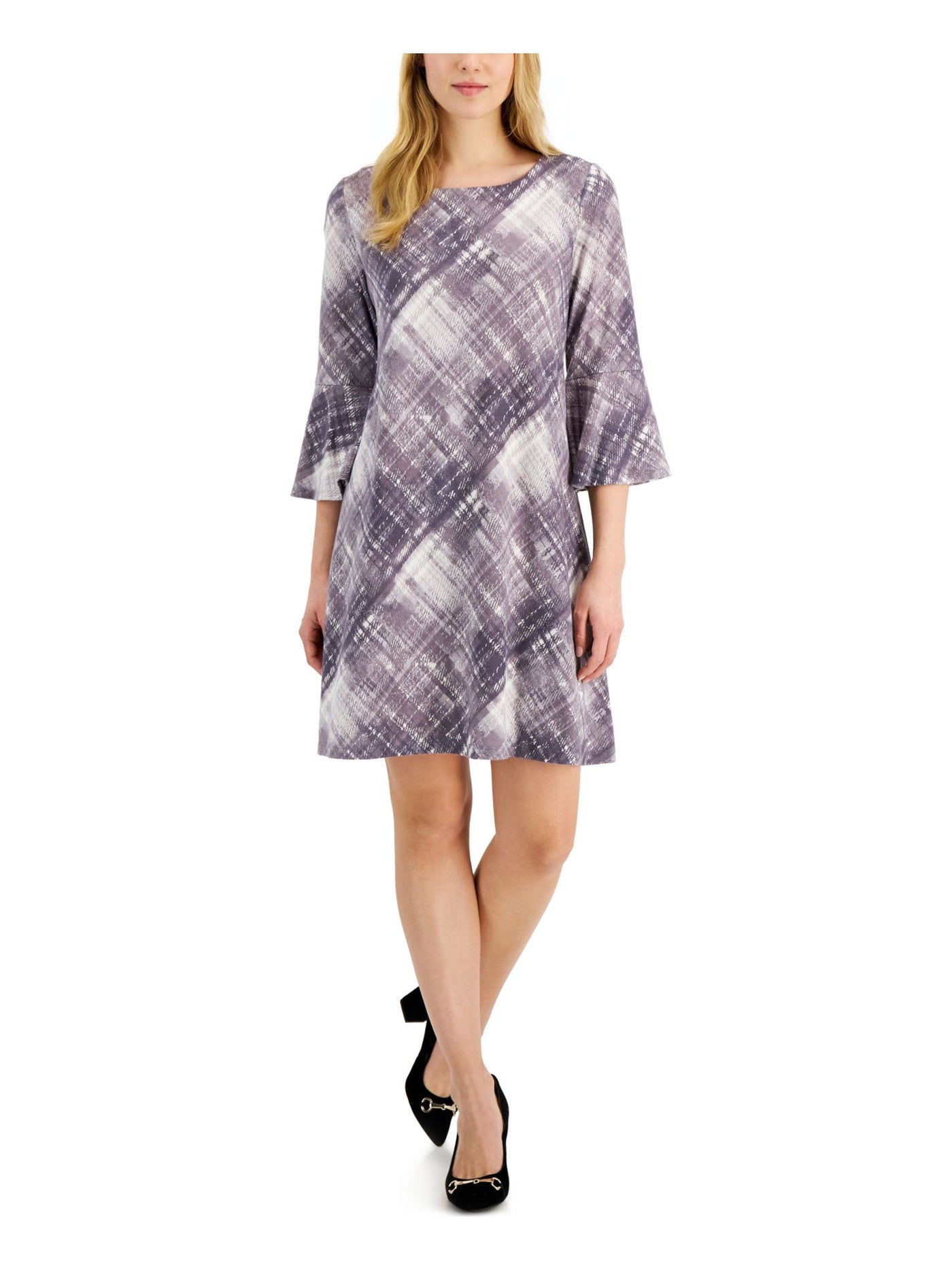 CONNECTED APPAREL Womens Purple Stretch Plaid Bell Sleeve Round Neck Short Wear To Work Fit + Flare Dress Petites 8P