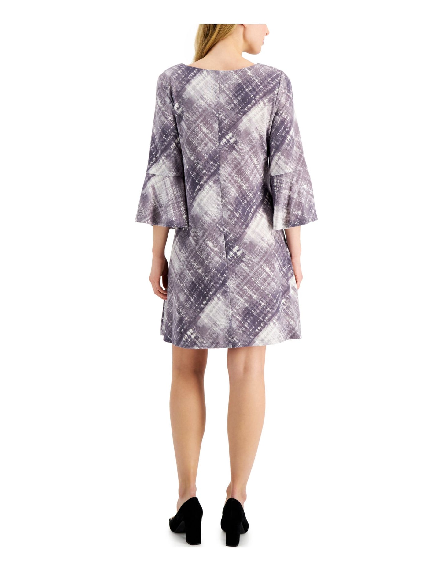 CONNECTED APPAREL Womens Purple Stretch Plaid Bell Sleeve Round Neck Short Wear To Work Fit + Flare Dress Petites 12P