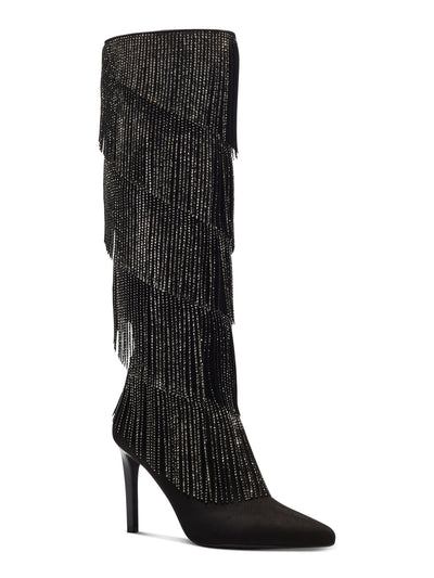 INC Womens Black Embellished Fringed Shyn Pointed Toe Stiletto Zip-Up Dress Boots 7.5 M