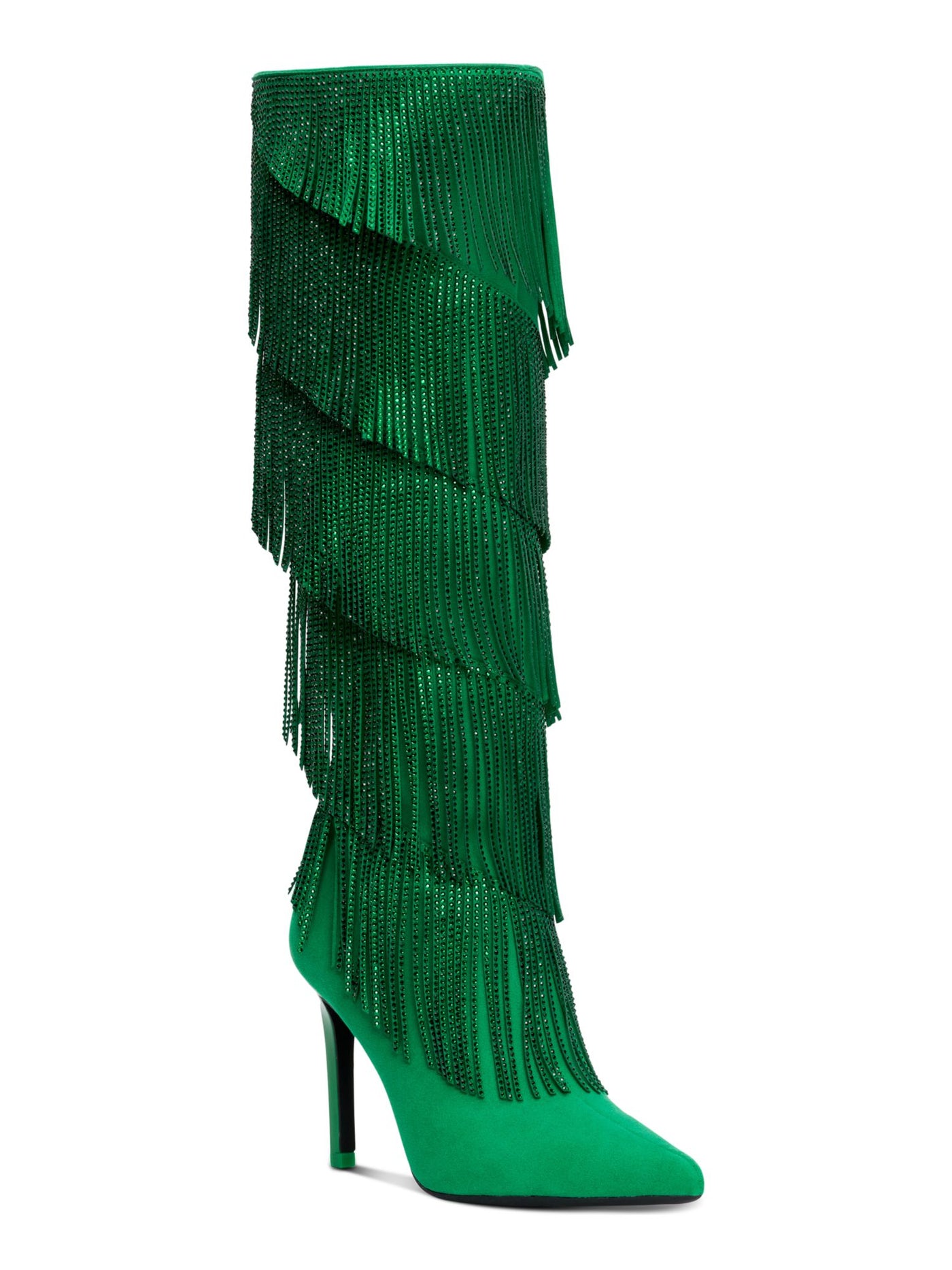 INC Womens Green Fringed Padded Shyn Pointed Toe Stiletto Zip-Up Dress Boots 5 M