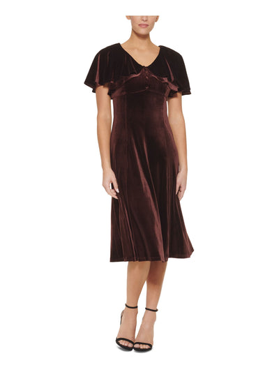 DKNY Womens Brown Zippered Unlined Cape Silhouette Sleeveless V Neck Midi Cocktail Shift Dress 2